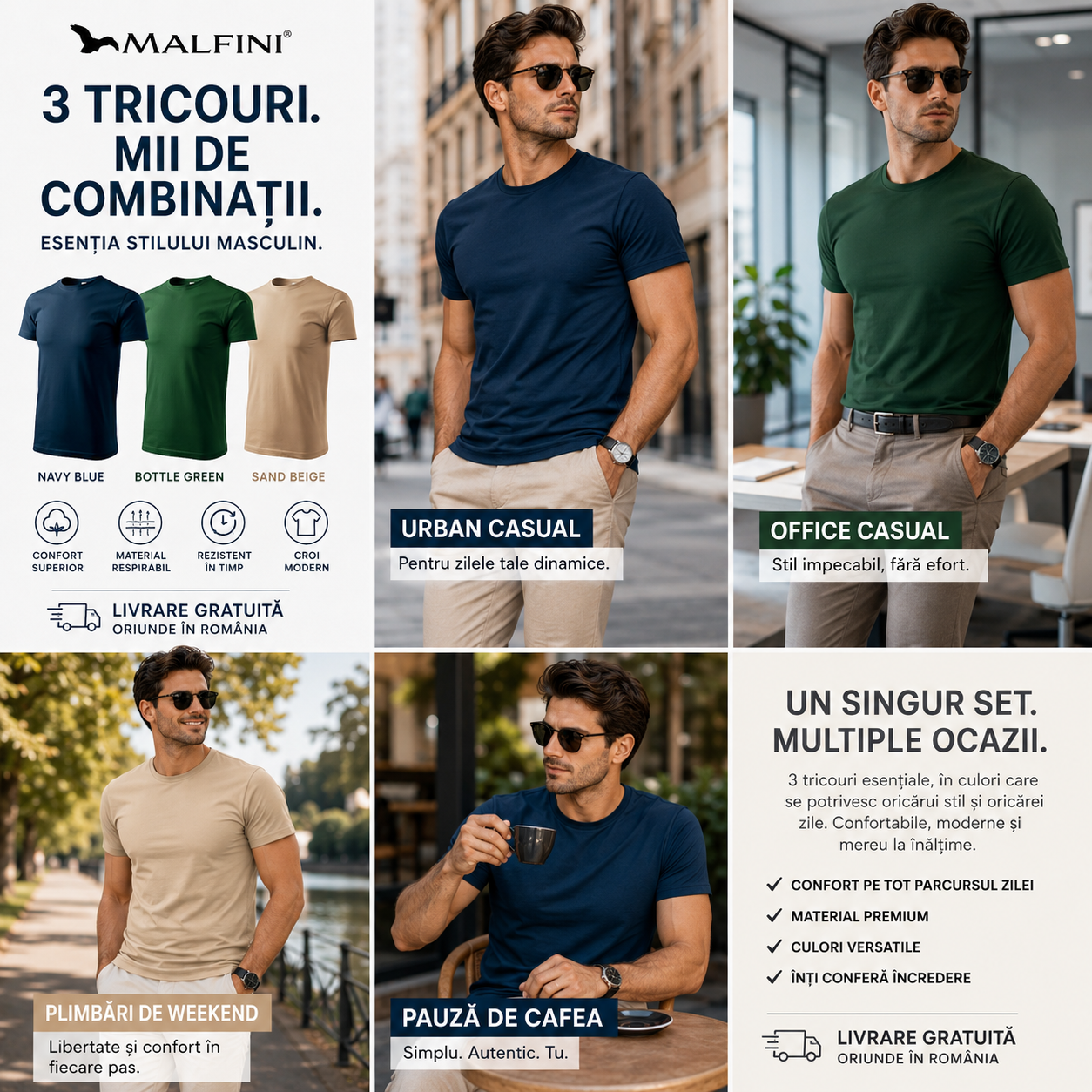 Tricouri bărbați Malfini albastru marin verde sticlă nisip pentru ținute casual și smart casual